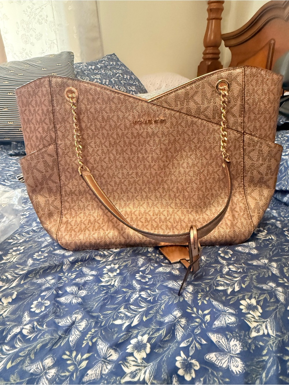 Authentic Michael Kors Brown Logo Chain Shoulder Tote